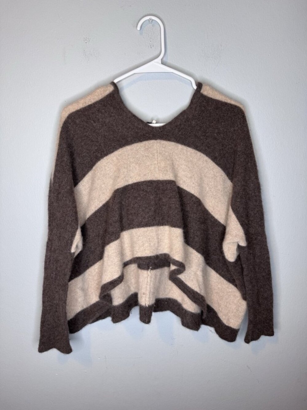 360 Cashmere Cropped Hooded Sweater Small Striped Brown Tan